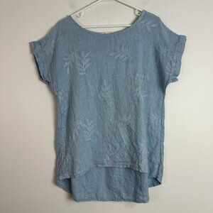 TERZO‎ MILLENNIO Lagenlook Top Sz Small Embroidered Scrollwork Linen Shirt Blue